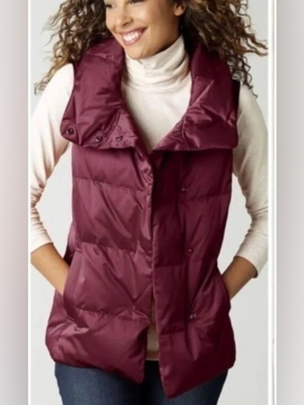 J Jill Burgundy Maroon Down Filled Puffer Vest Slouchy Snap Front Women’s Small